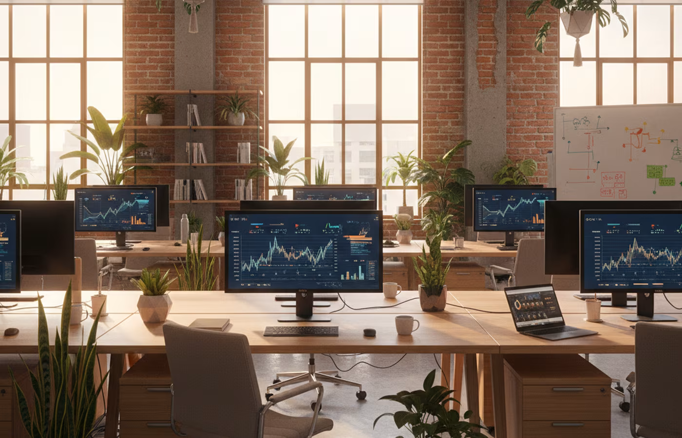 Modern Madrid office workspace at golden hour