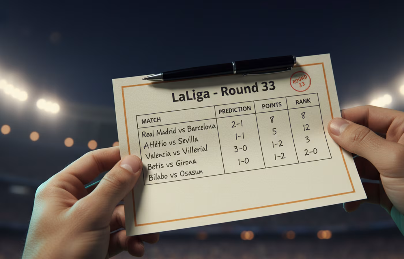 Hands holding a filled LaLiga prediction sheet with handwritten team predictions and scores