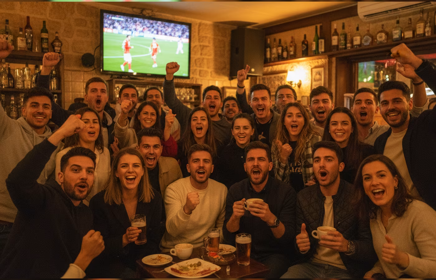 Spanish football fans watching match together