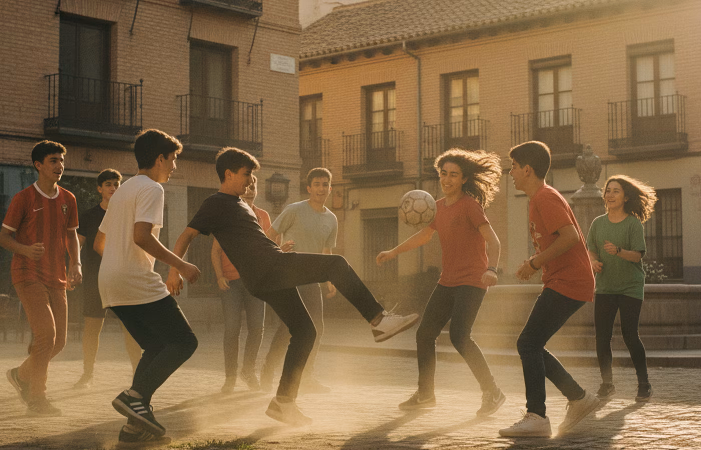Group of Spanish teenagers playing pickup football in a plaza at golden hour